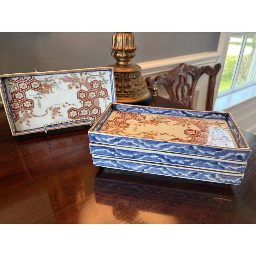 Set of 4 Antique Japanese Rectangular Plates Chenghua Mark Sushi Sake Plate 8"